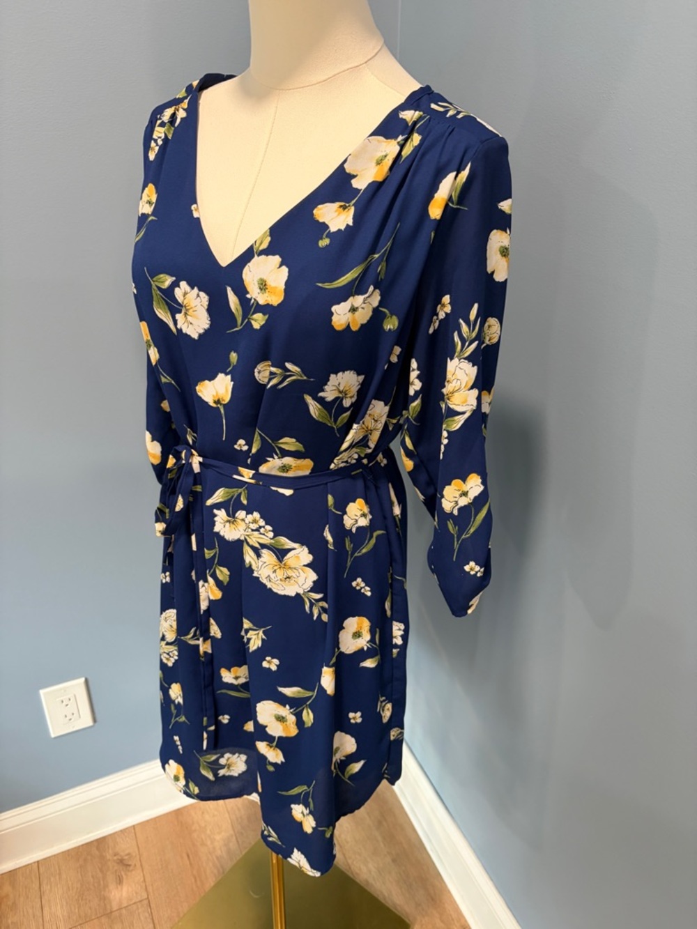 Floral Navy V-Neck Tie-Waist Mini Dress